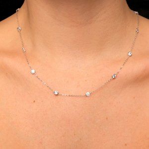 14k White Gold Created Diamond Station Necklace 18"